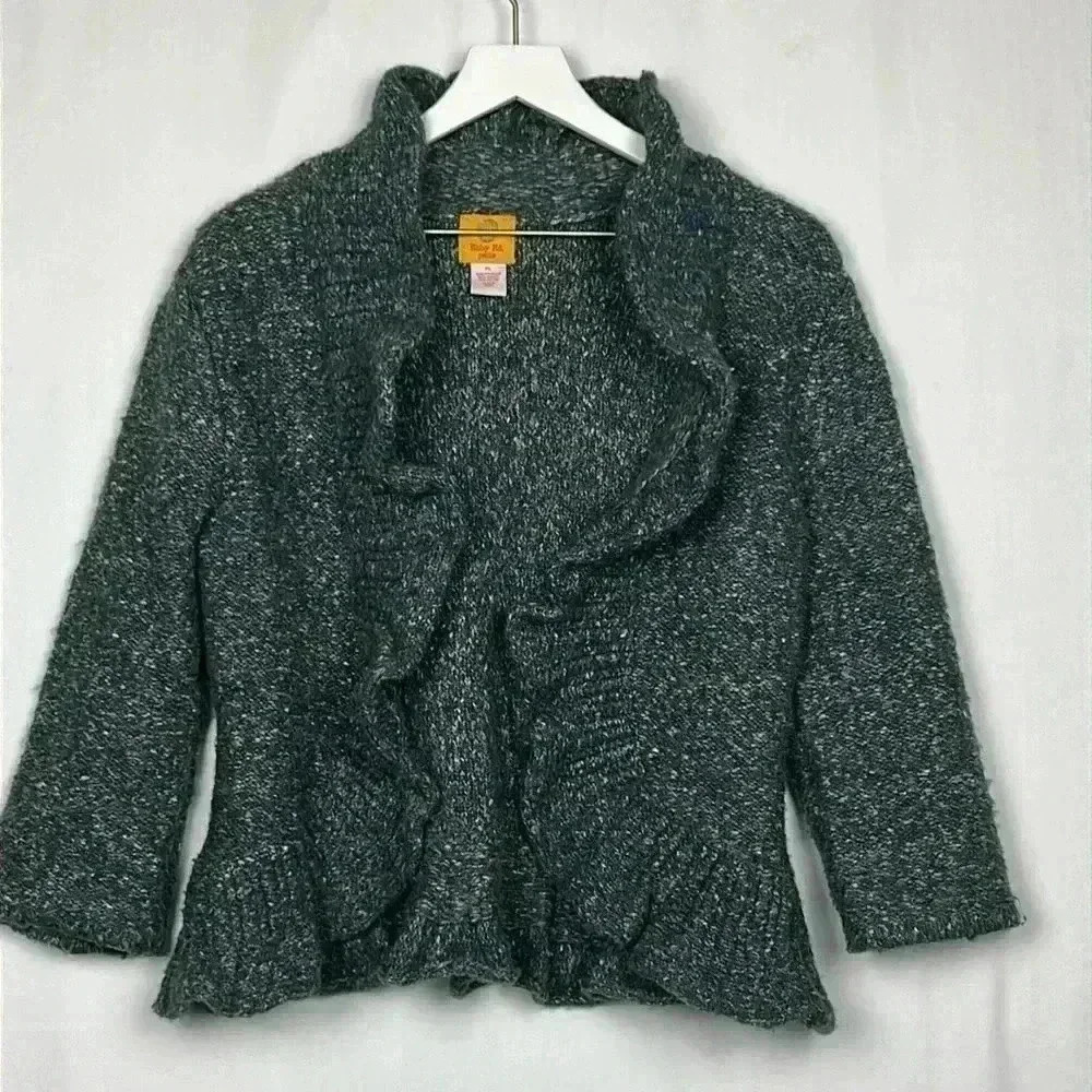 Ruby Rd Womens Cardigan LP Marled Blue White Red Open Ruffle Front 3/4 Sleeve